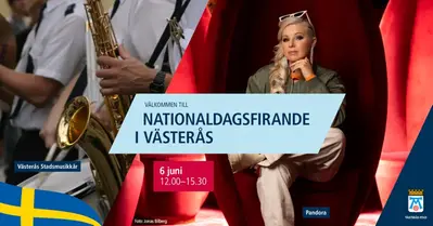 Bild på blåsare från Västerås stadsmusikkår och artisten Pandora samt texten Nationaldagsfirande i Västerås 6 juni 12.00-15.30